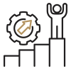 An icon of a man standing on top of a progress bar chart with his arms up in celebration, with an arrow showing upward progression