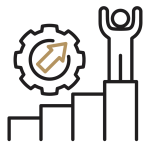 An icon of a man standing on top of a progress bar chart with his arms up in celebration, with an arrow showing upward progression