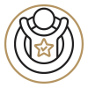 A person in the centre of a target with their arms up in celebration with a gold star on their chest