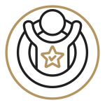A person in the centre of a target with their arms up in celebration with a gold star on their chest