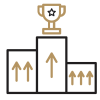 An icon of a competition podium with 3 up arrows on the lowest step, 2 up arrows on the 2nd step and one up arrow on the top step with a trophy above the top step