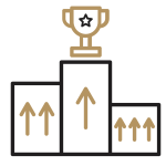 An icon of a competition podium with 3 up arrows on the lowest step, 2 up arrows on the 2nd step and one up arrow on the top step with a trophy above the top step