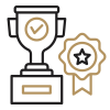 An icon of a trophy and gold rosette with a star on it
