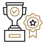 An icon of a trophy and gold rosette with a star on it